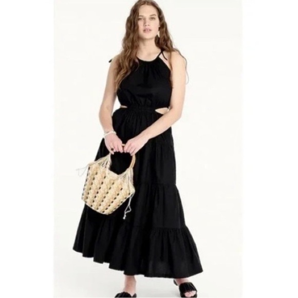 J. Crew Harbor Side Cut Out Organic Cotton Midi Dress BI551 Black Size Large - Picture 1 of 14
